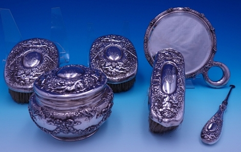 Dresser Set w/ cherubs, bows, swags, flowers, includes powder jar, 2 clothes brushes, 1 small brush, 1 button hook, 1 mirror sku# 8900-h m - Tiffany - Pattern Unknown by Tiffany - Sterling - With Monogram